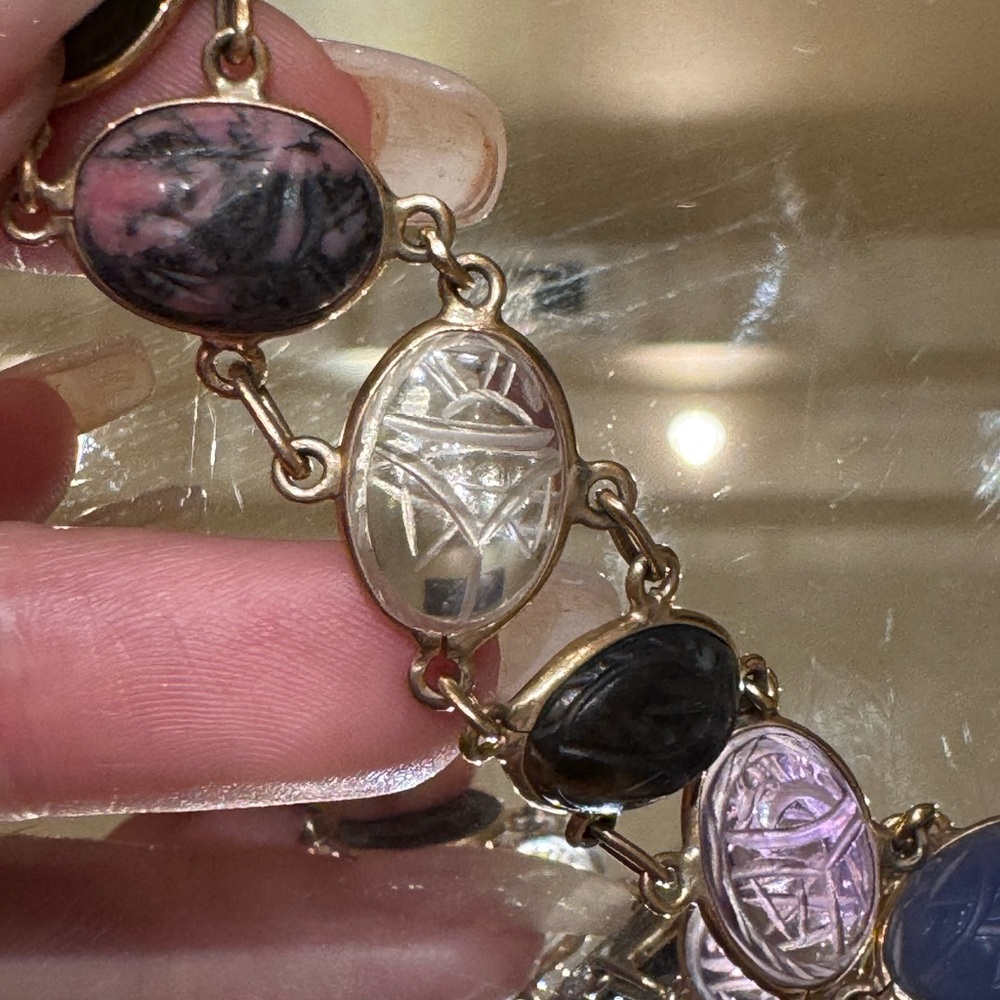 Vintage 70s Solid 14k Gold Scarab Precious Stone Bracelet - Picture 6 of 11